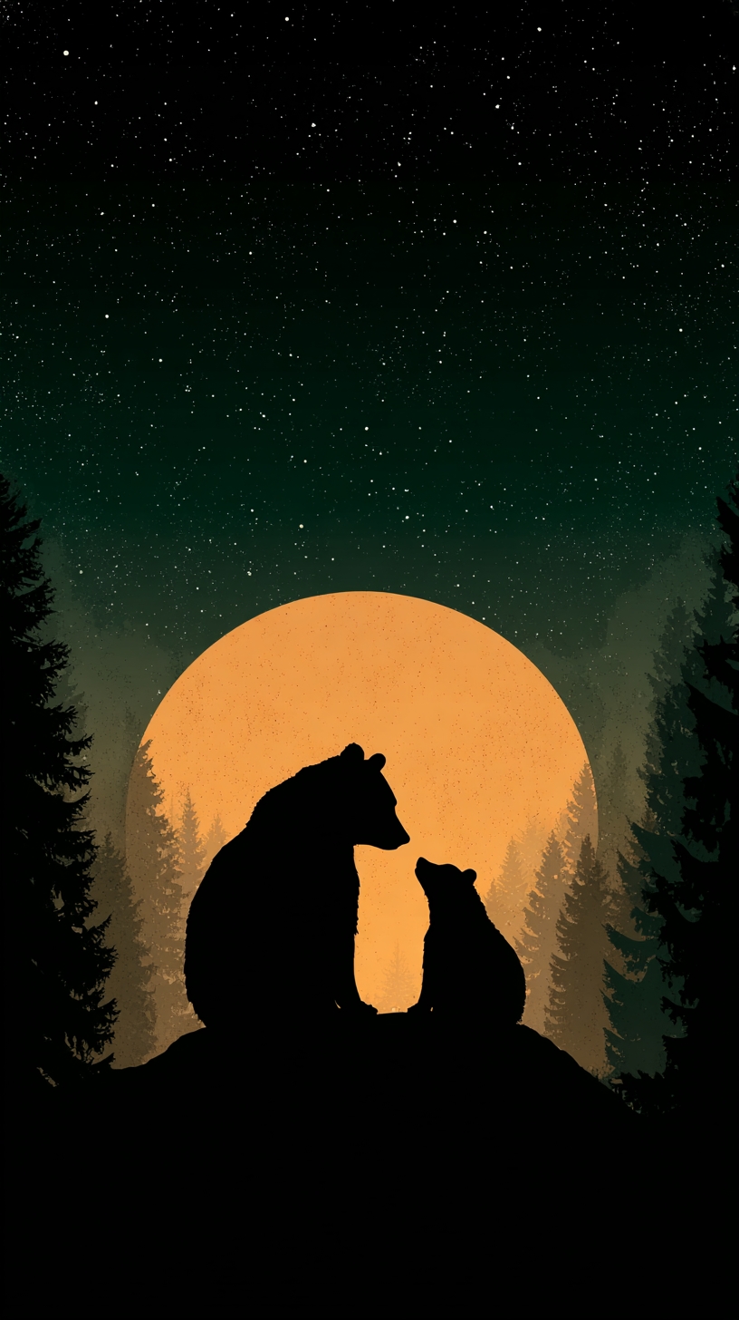 A bear and cub looking up at a full moon